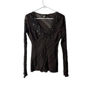 Vintage Too Mi Brown Embellished Lace Sheer Babydoll Blouse